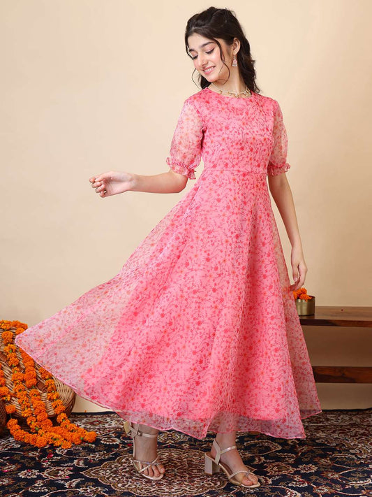 Girls Floral Printed A-Line Maxi Ethnic Dress