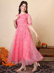 Girls Floral Printed A-Line Maxi Ethnic Dress