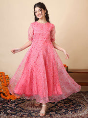 Girls Floral Printed A-Line Maxi Ethnic Dress