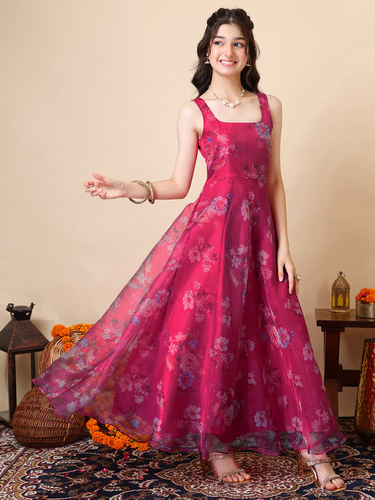 Girls Floral Printed A-Line Maxi Ethnic Dress