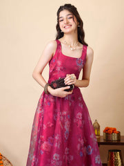 Girls Floral Printed A-Line Maxi Ethnic Dress