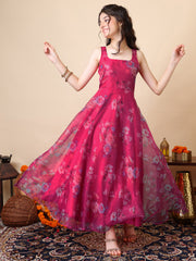 Girls Floral Printed A-Line Maxi Ethnic Dress