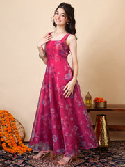 Girls Floral Printed A-Line Maxi Ethnic Dress