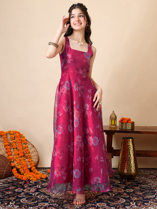 Girls Floral Printed A-Line Maxi Ethnic Dress