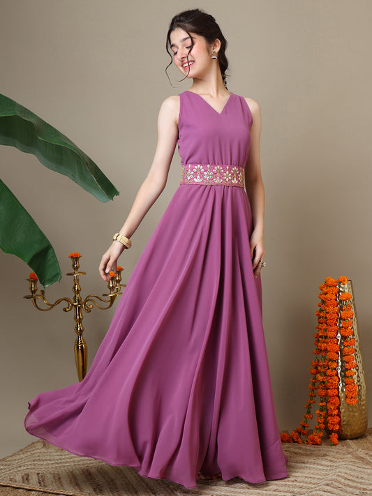 Girls Georgette Ethnic Dress With Embellished Belt