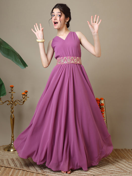 Girls Georgette Ethnic Dress With Embellished Belt