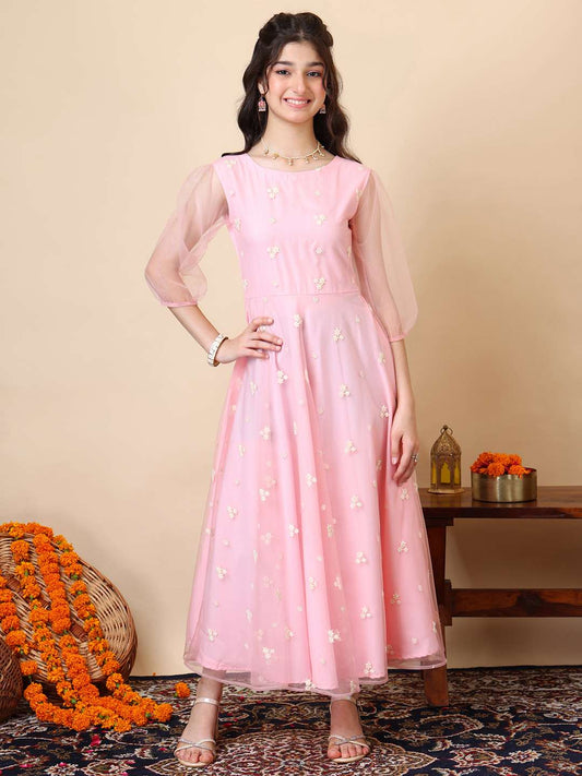 Girls Embroidered Puff Sleeve Net Fit & Flare Maxi Dress