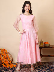 Girls Embroidered Puff Sleeve Net Fit & Flare Maxi Dress