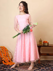 Girls Embroidered Puff Sleeve Net Fit & Flare Maxi Dress