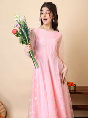 Girls Embroidered Puff Sleeve Net Fit & Flare Maxi Dress