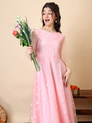 Girls Embroidered Puff Sleeve Net Fit & Flare Maxi Dress