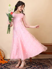 Girls Embroidered Puff Sleeve Net Fit & Flare Maxi Dress