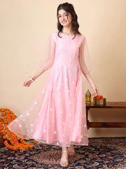 Girls Embroidered Puff Sleeve Net Fit & Flare Maxi Dress