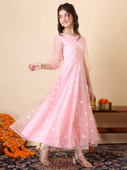 Girls Embroidered Puff Sleeve Net Fit & Flare Maxi Dress