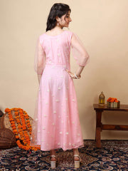 Girls Embroidered Puff Sleeve Net Fit & Flare Maxi Dress