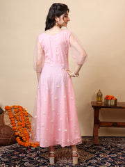 Girls Embroidered Puff Sleeve Net Fit & Flare Maxi Dress