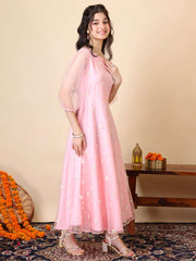 Girls Embroidered Puff Sleeve Net Fit & Flare Maxi Dress