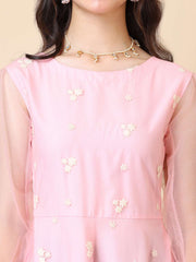 Girls Embroidered Puff Sleeve Net Fit & Flare Maxi Dress