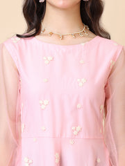 Girls Embroidered Puff Sleeve Net Fit & Flare Maxi Dress