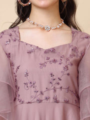 Girls Floral Embroidered Sweetheart Neck Sequinned Net A-Line Maxi Ethnic Dresses