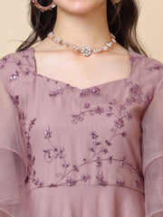 Girls Floral Embroidered Sweetheart Neck Sequinned Net A-Line Maxi Ethnic Dresses