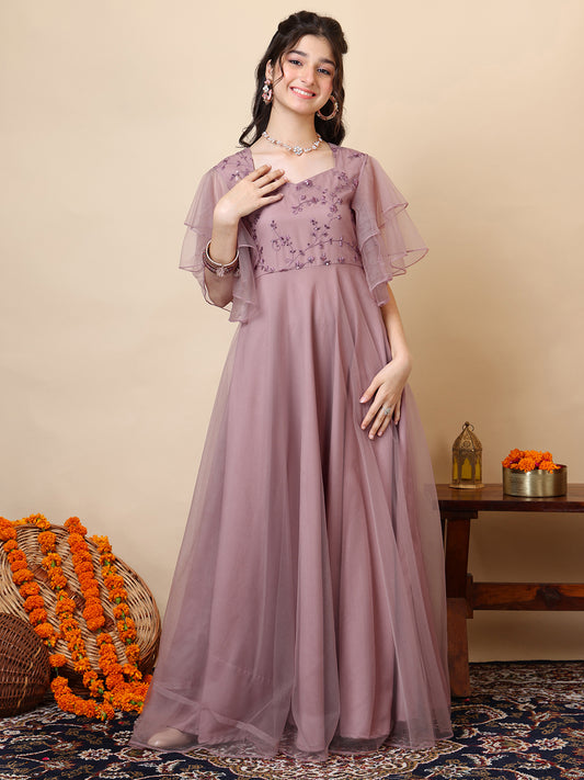 Girls Floral Embroidered Sweetheart Neck Sequinned Net A-Line Maxi Ethnic Dresses