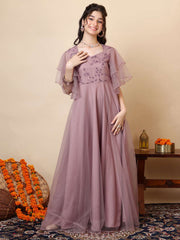 Girls Floral Embroidered Sweetheart Neck Sequinned Net A-Line Maxi Ethnic Dresses