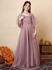 Girls Floral Embroidered Sweetheart Neck Sequinned Net A-Line Maxi Ethnic Dresses