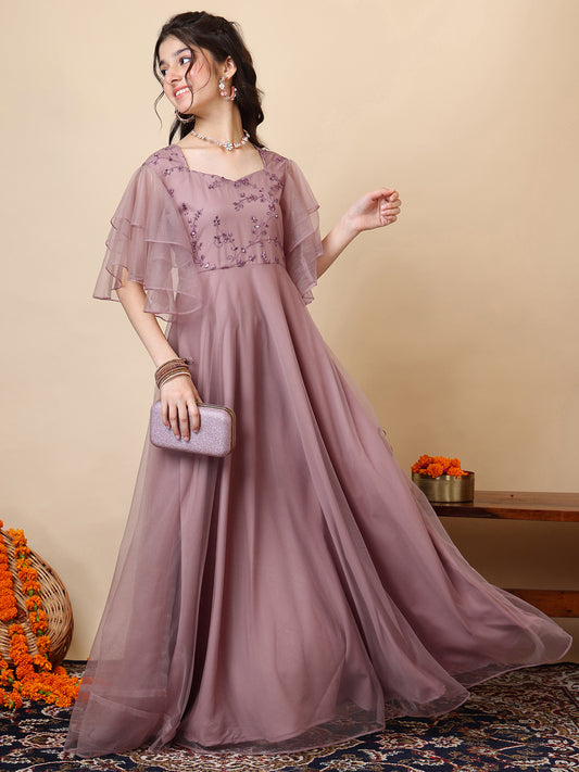 Girls Floral Embroidered Sweetheart Neck Sequinned Net A-Line Maxi Ethnic Dresses