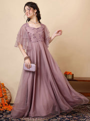 Girls Floral Embroidered Sweetheart Neck Sequinned Net A-Line Maxi Ethnic Dresses