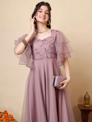 Girls Floral Embroidered Sweetheart Neck Sequinned Net A-Line Maxi Ethnic Dresses