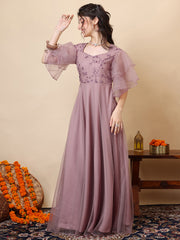 Girls Floral Embroidered Sweetheart Neck Sequinned Net A-Line Maxi Ethnic Dresses