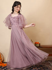 Girls Floral Embroidered Sweetheart Neck Sequinned Net A-Line Maxi Ethnic Dresses