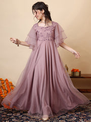 Girls Floral Embroidered Sweetheart Neck Sequinned Net A-Line Maxi Ethnic Dresses