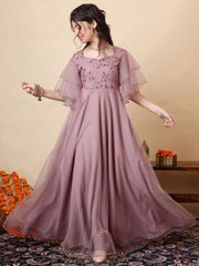 Girls Floral Embroidered Sweetheart Neck Sequinned Net A-Line Maxi Ethnic Dresses