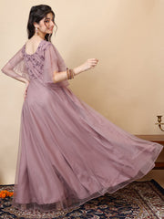 Girls Floral Embroidered Sweetheart Neck Sequinned Net A-Line Maxi Ethnic Dresses