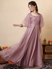 Girls Floral Embroidered Sweetheart Neck Sequinned Net A-Line Maxi Ethnic Dresses