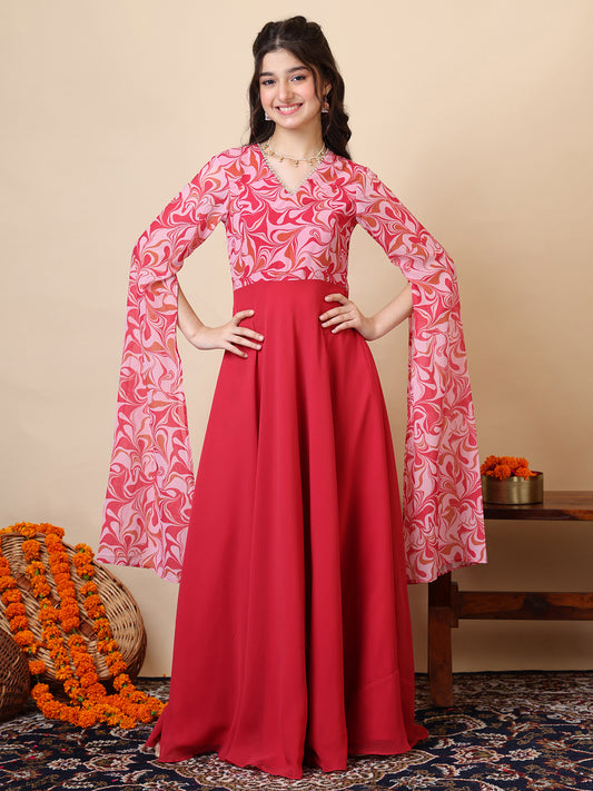 Girls Abstract Printed V-Neck Georgette A-Line Maxi Ethnic Dresses