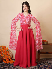 Girls Abstract Printed V-Neck Georgette A-Line Maxi Ethnic Dresses