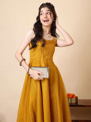 Girls Sequined Embellished Sleeveless Mukaish Work A-Line Ethnic Dress