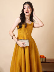 Girls Sequined Embellished Sleeveless Mukaish Work A-Line Ethnic Dress