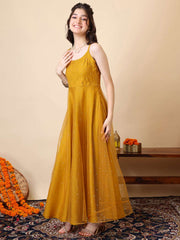 Girls Sequined Embellished Sleeveless Mukaish Work A-Line Ethnic Dress