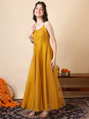 Girls Sequined Embellished Sleeveless Mukaish Work A-Line Ethnic Dress