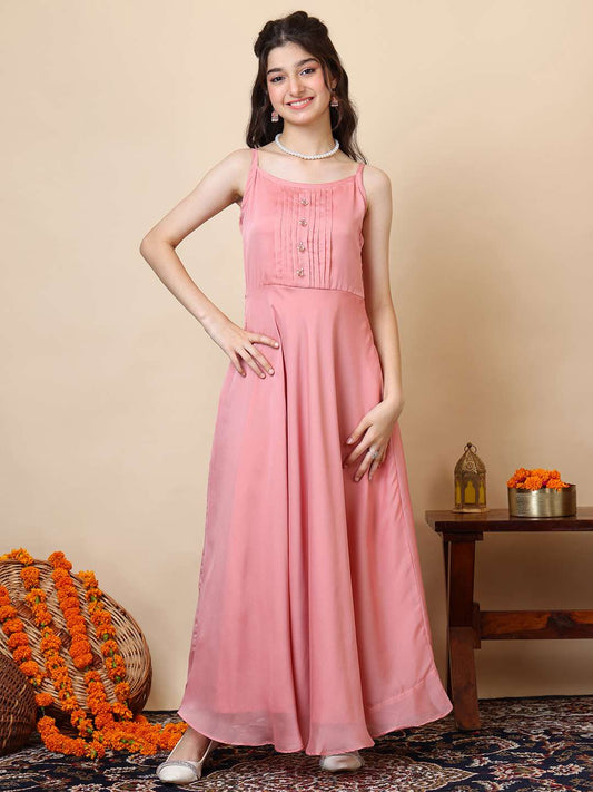 Girls Pleated Sleeveless Organza A-Line Maxi Ethnic Dresses