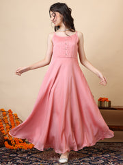 Girls Pleated Sleeveless Organza A-Line Maxi Ethnic Dresses
