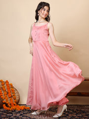 Girls Pleated Sleeveless Organza A-Line Maxi Ethnic Dresses