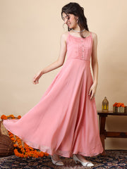 Girls Pleated Sleeveless Organza A-Line Maxi Ethnic Dresses