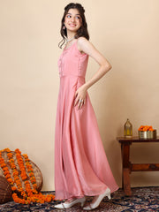 Girls Pleated Sleeveless Organza A-Line Maxi Ethnic Dresses