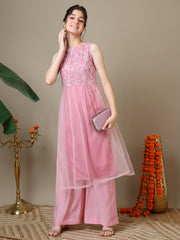 Girls Floral Embroidered Round Neck Thread Work Kurta With Palazzos