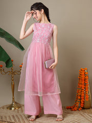 Girls Floral Embroidered Round Neck Thread Work Kurta With Palazzos